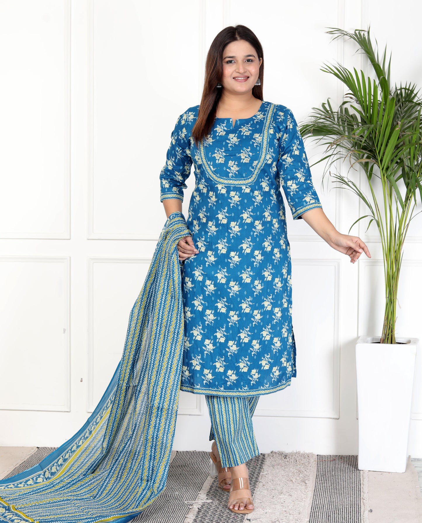 Blue Cotton Printed Kurta Pant Set with Dupatta-800070