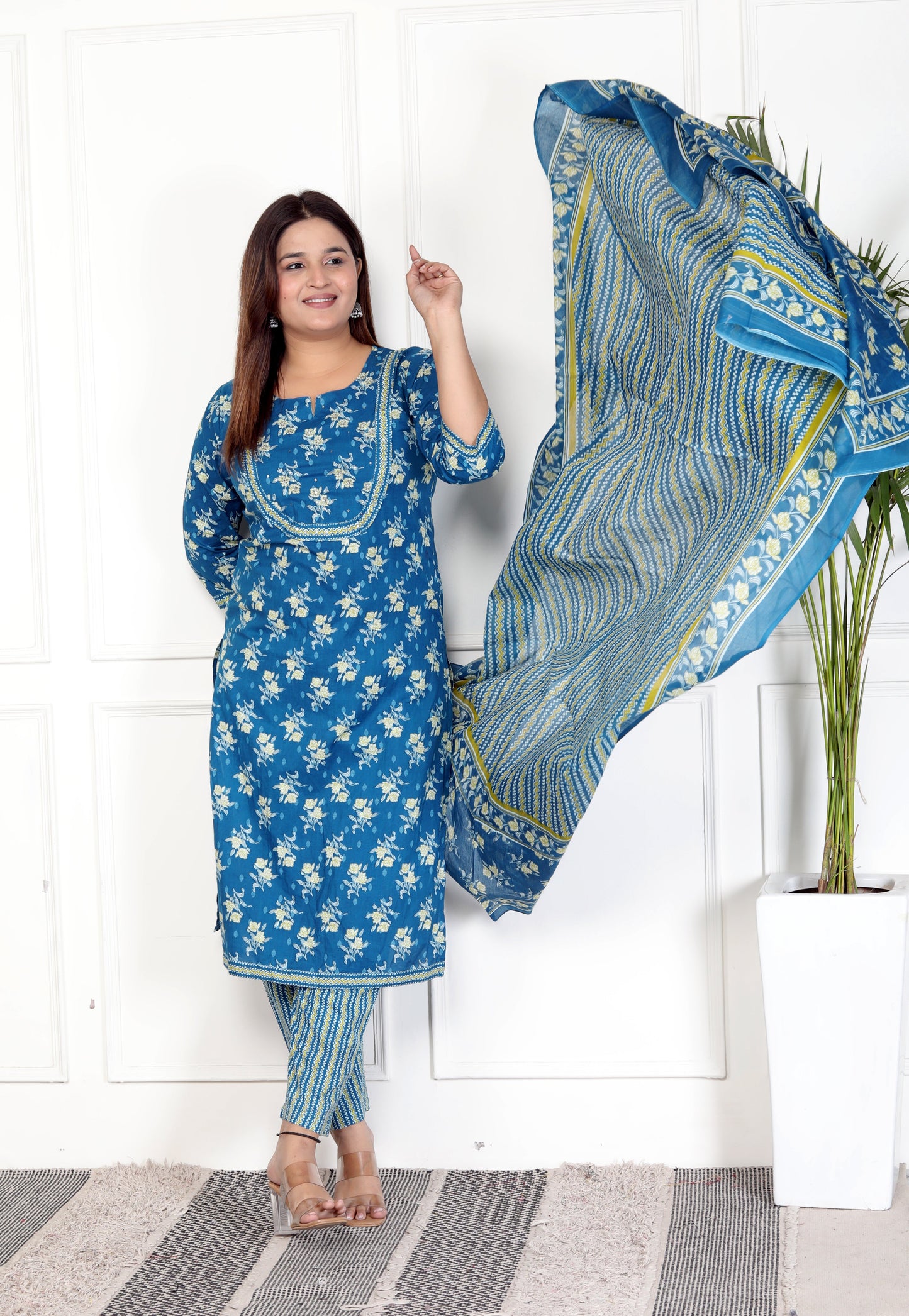 Blue Cotton Printed Kurta Pant Set with Dupatta-800070