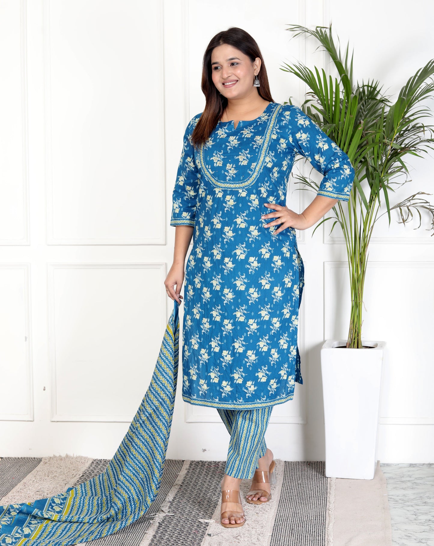 Blue Cotton Printed Kurta Pant Set with Dupatta-800070