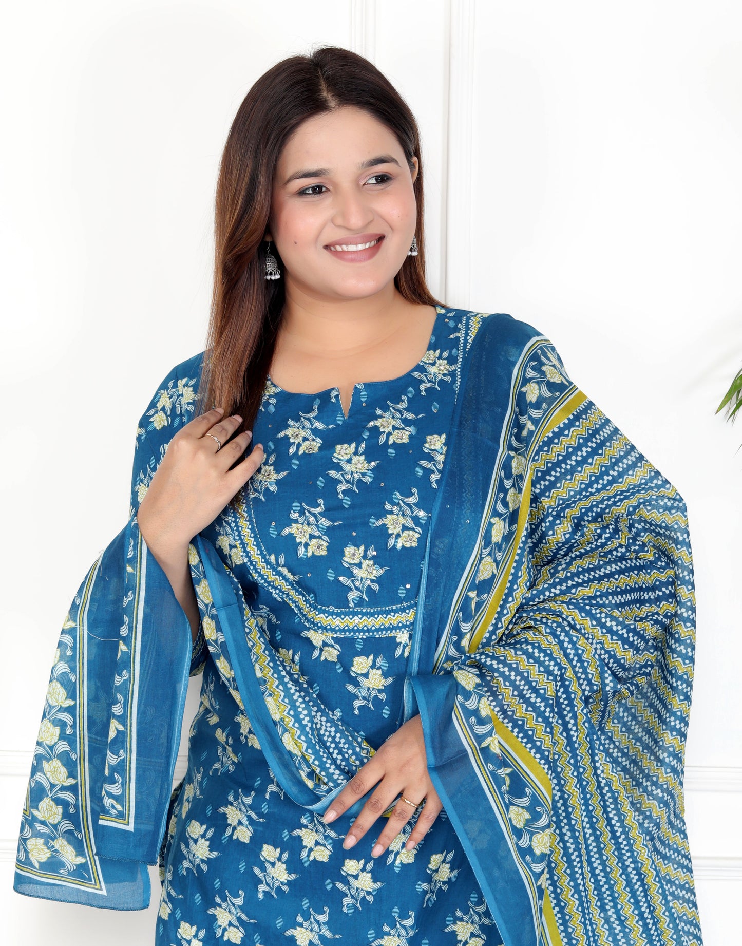 Blue Cotton Printed Kurta Pant Set with Dupatta-800070