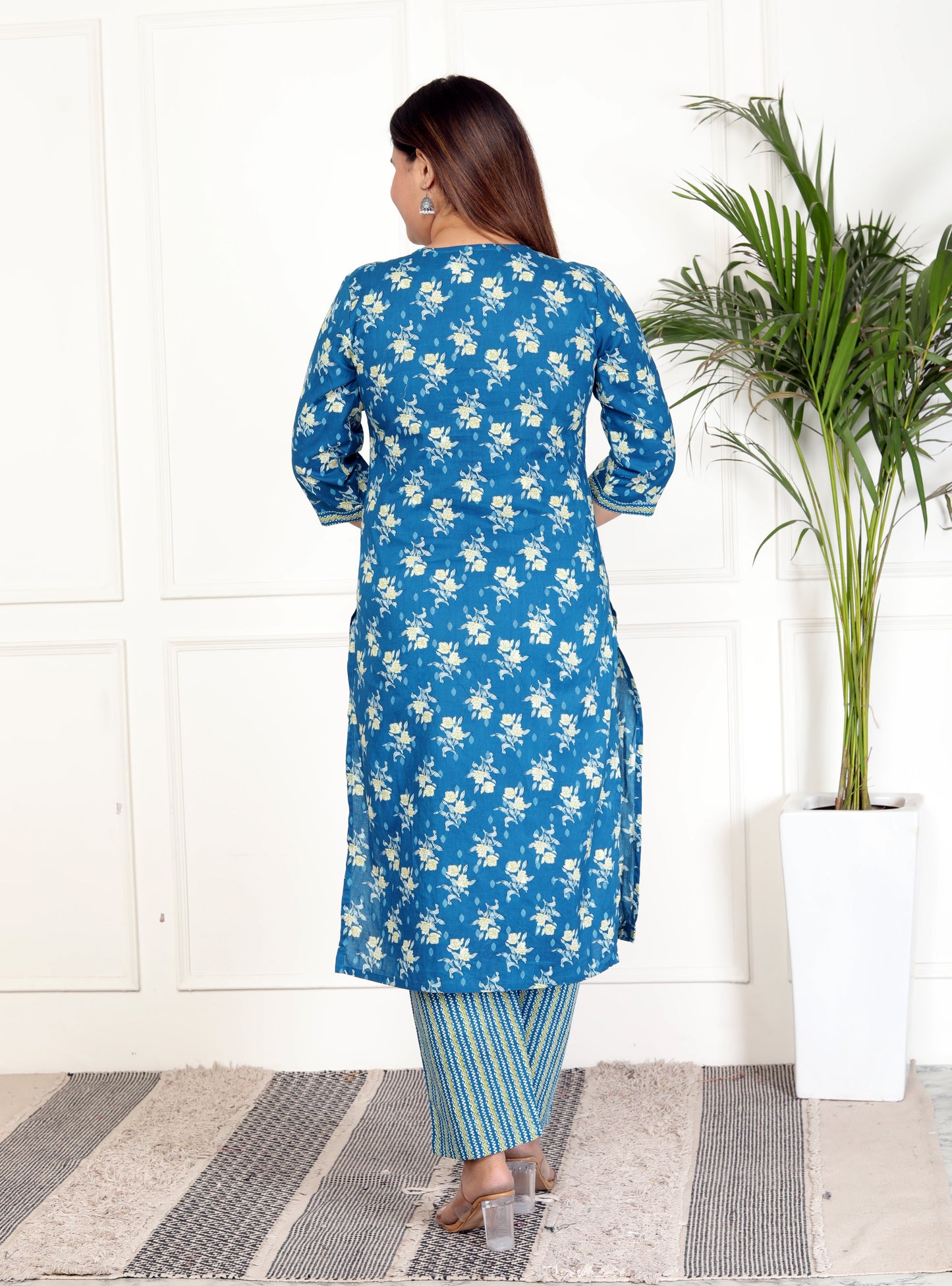 Blue Cotton Printed Kurta Pant Set with Dupatta-800070