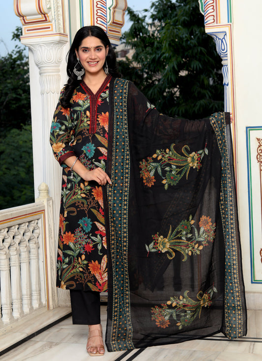 Black Cotton Printed Kurta Pant Set Dupatta with Embroidery work-800079