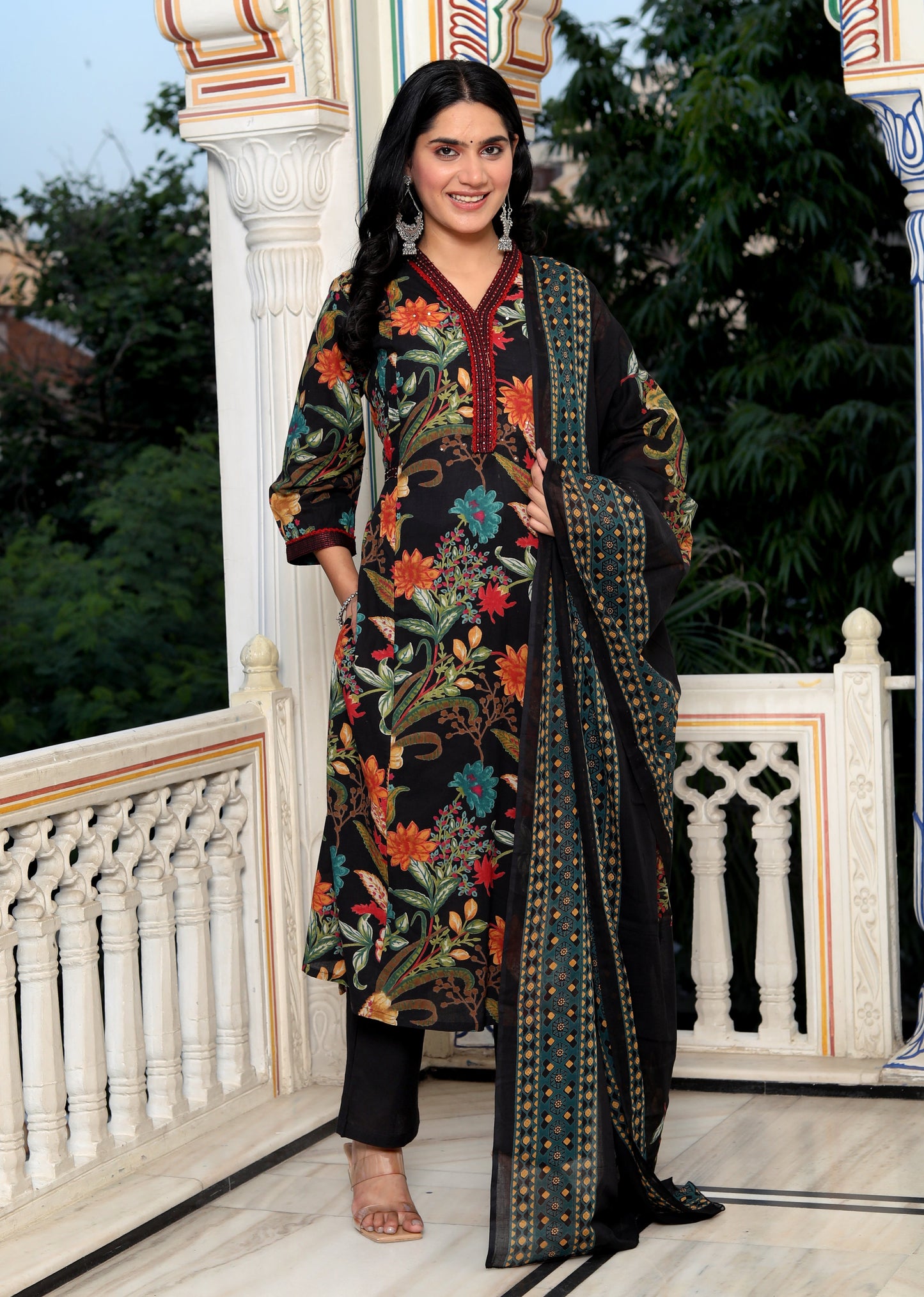 Black Cotton Printed Kurta Pant Set Dupatta with Embroidery work-800079
