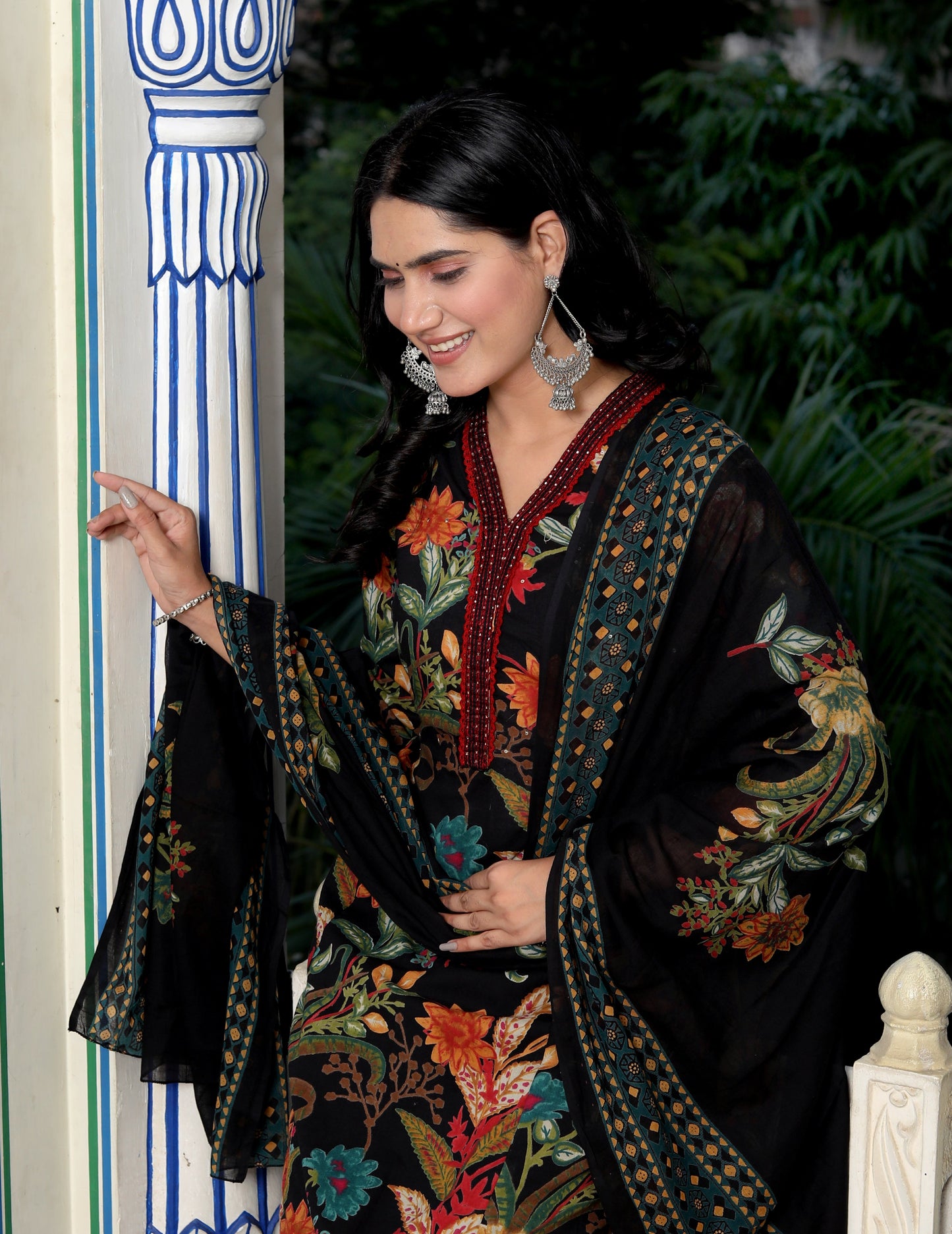 Black Cotton Printed Kurta Pant Set Dupatta with Embroidery work-800079