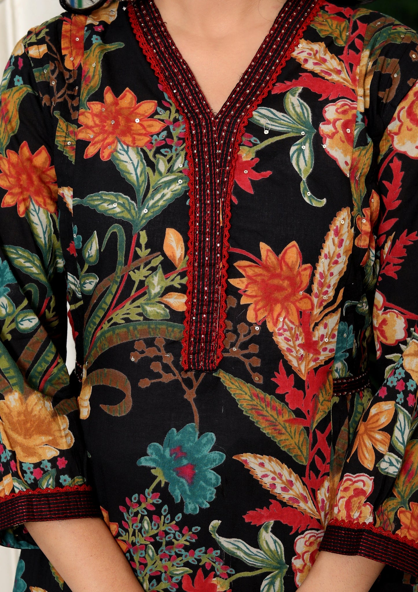 Black Cotton Printed Kurta Pant Set Dupatta with Embroidery work-800079
