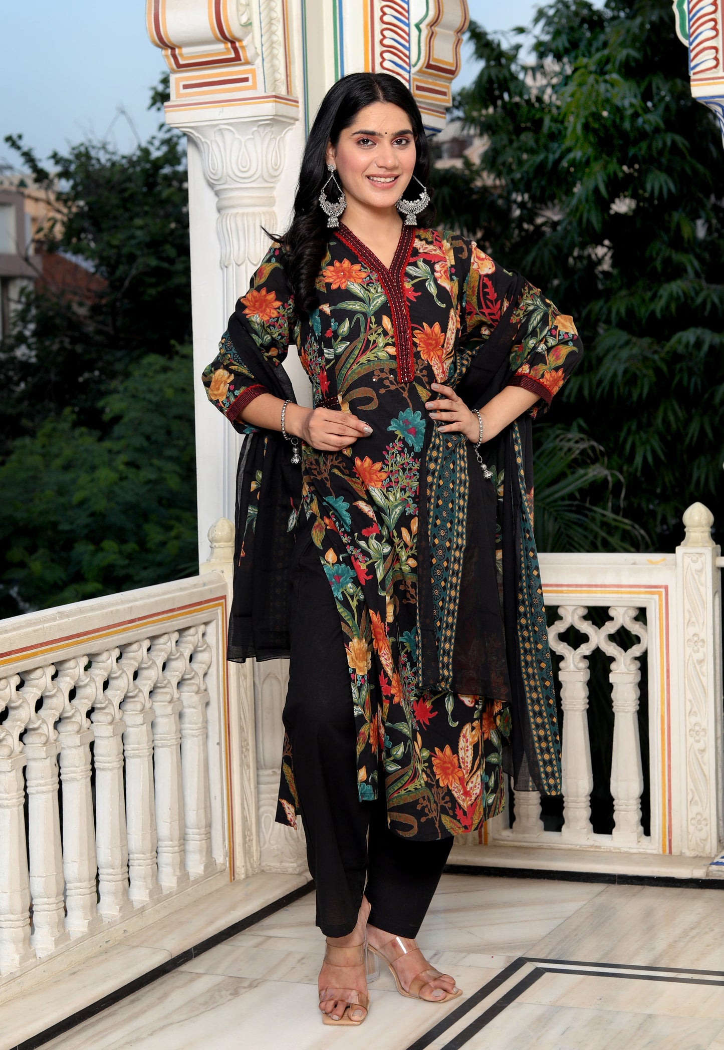 Black Cotton Printed Kurta Pant Set Dupatta with Embroidery work-800079