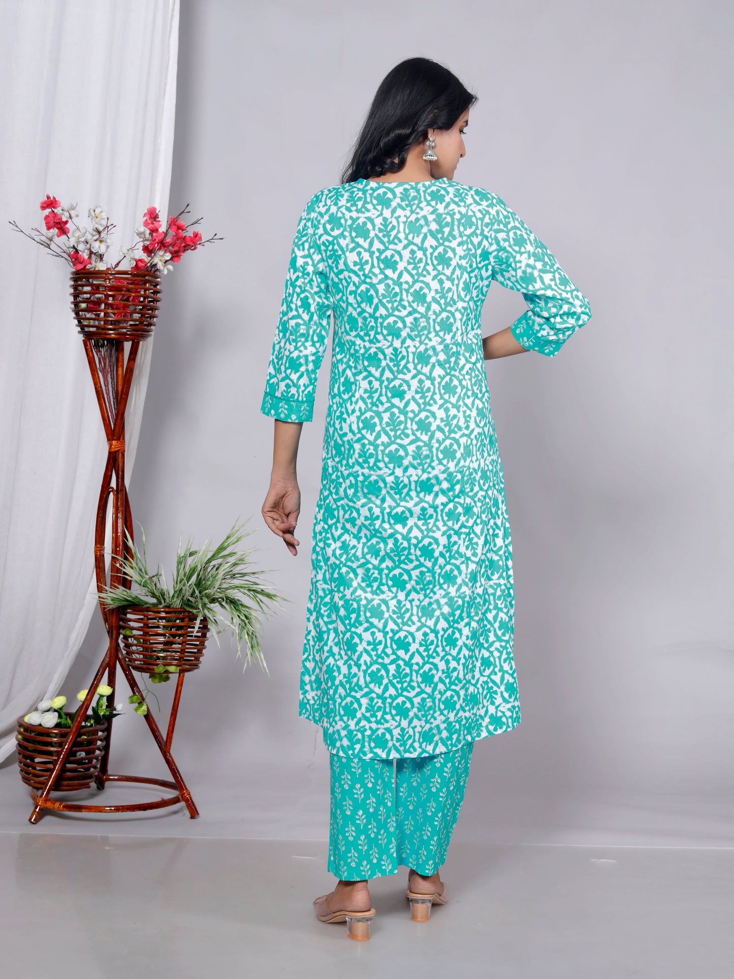 Blue Cotton Printed Kurta Pant Set Dupatta with Embroidery work-800090
