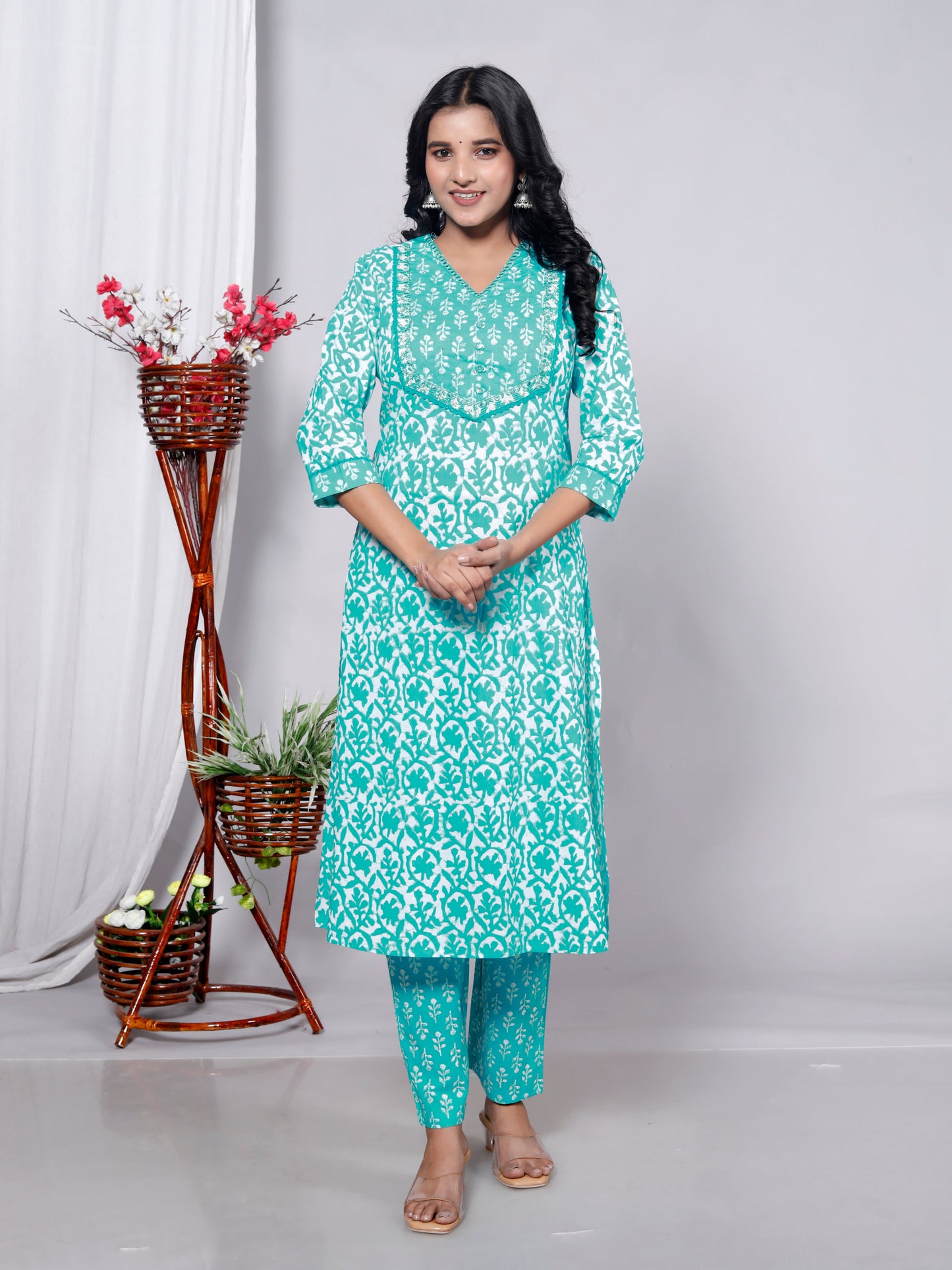 Blue Cotton Printed Kurta Pant Set Dupatta with Embroidery work-800090