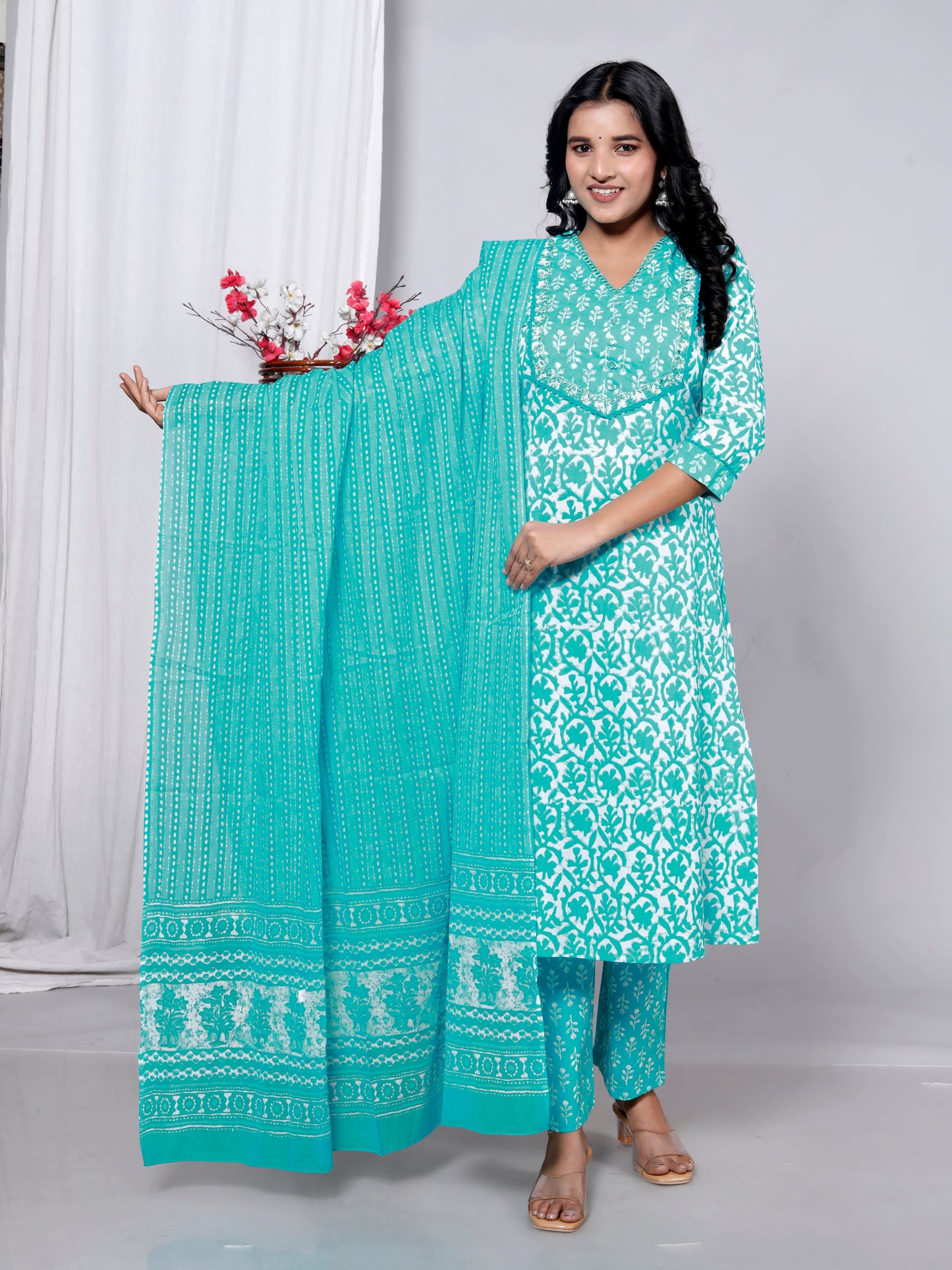 Blue Cotton Printed Kurta Pant Set Dupatta with Embroidery work-800090