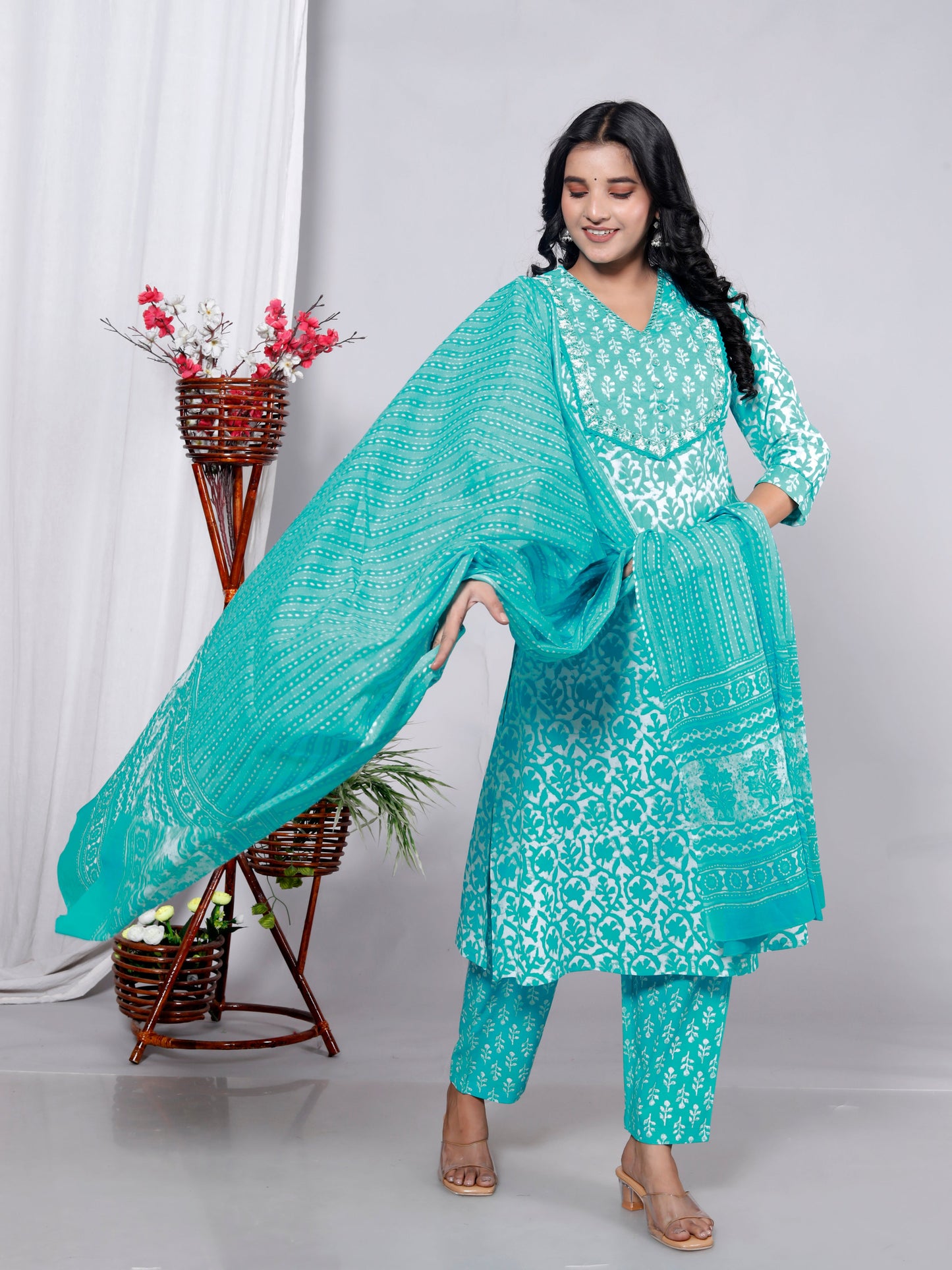 Blue Cotton Printed Kurta Pant Set Dupatta with Embroidery work-800090