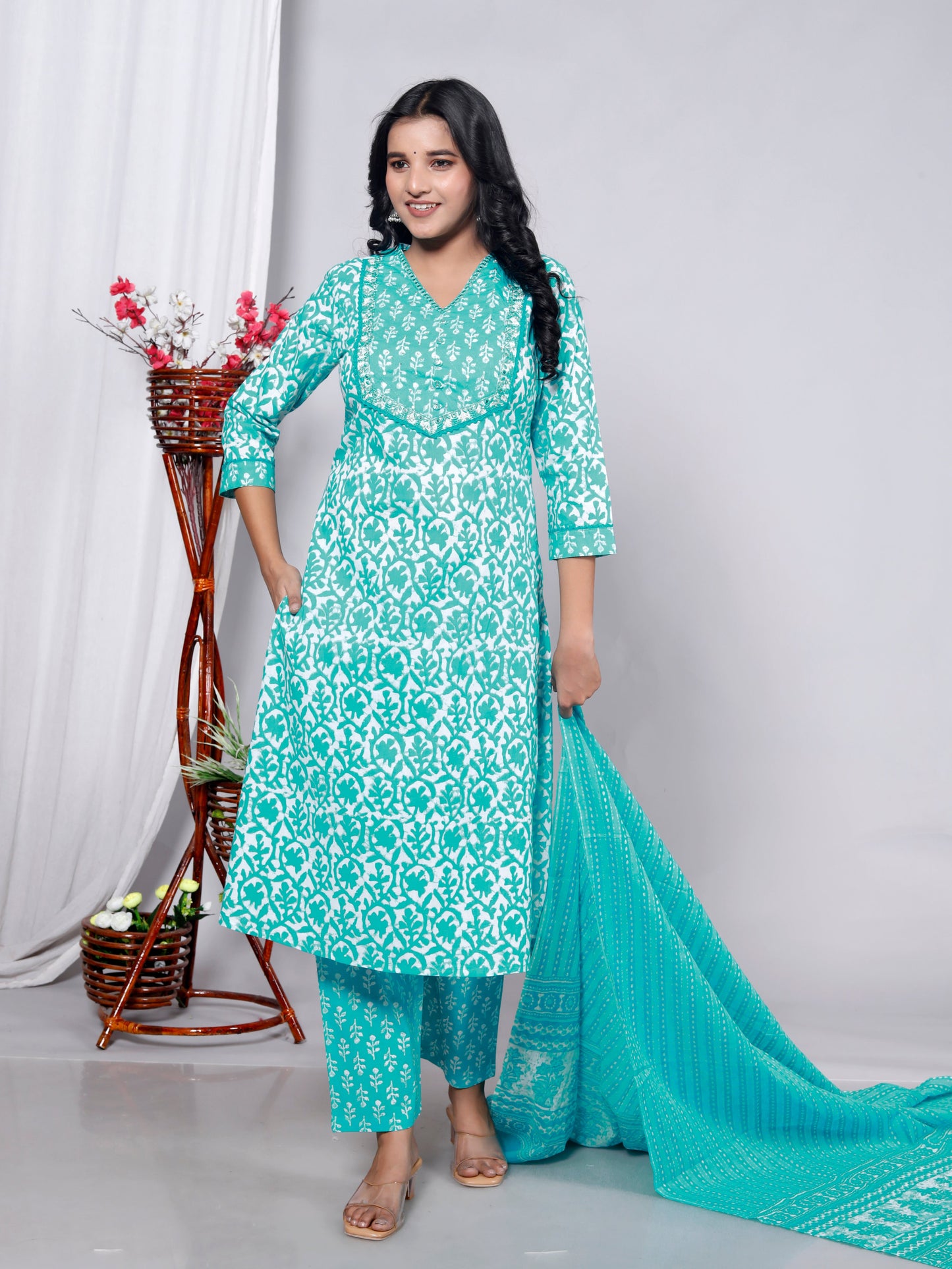 Blue Cotton Printed Kurta Pant Set Dupatta with Embroidery work-800090