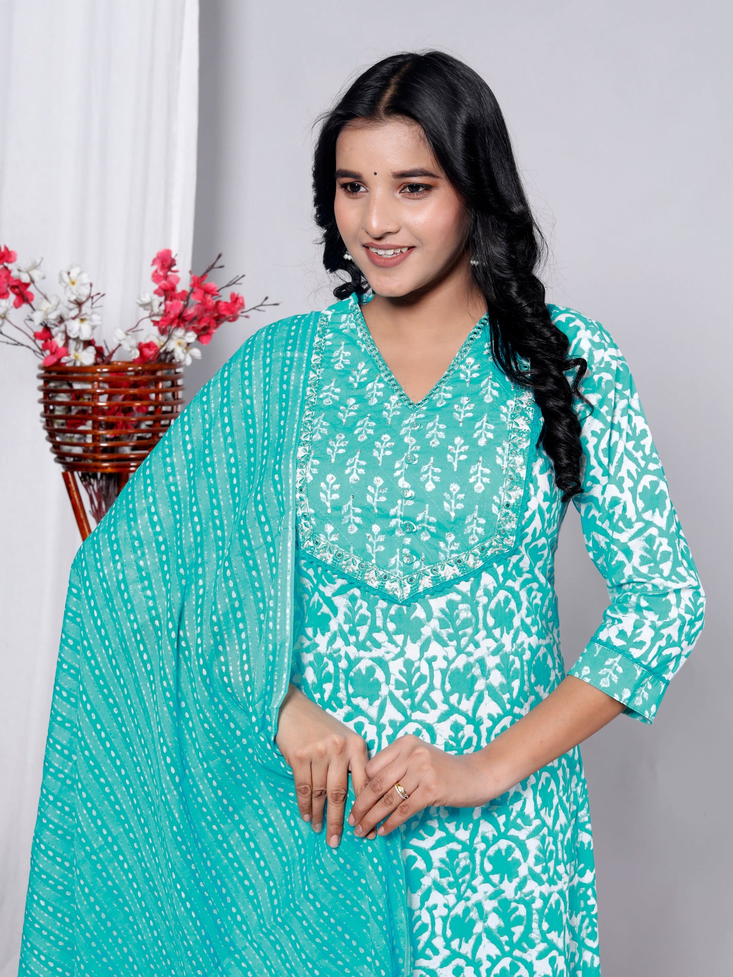 Blue Cotton Printed Kurta Pant Set Dupatta with Embroidery work-800090