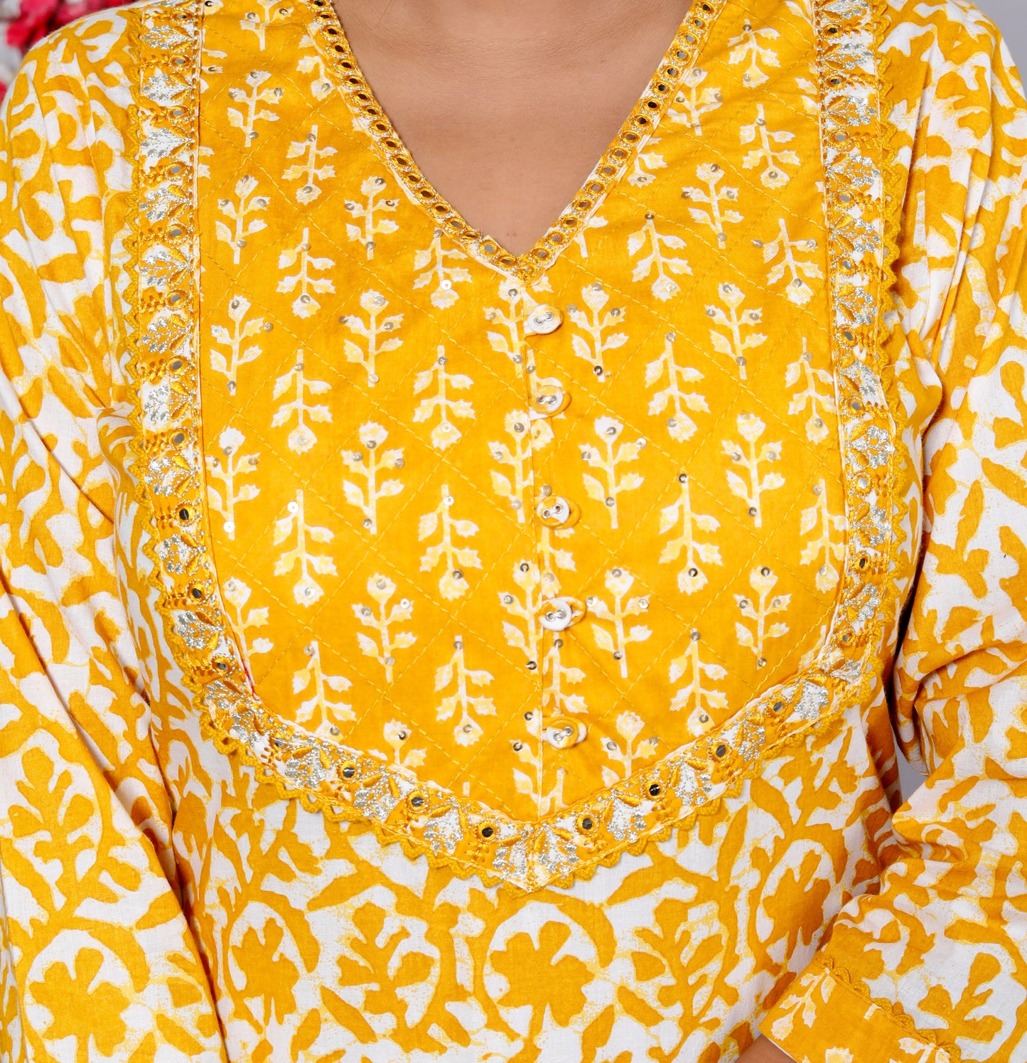Yellow Cotton Printed Kurta Pant Set Dupatta with Embroidery work-800090
