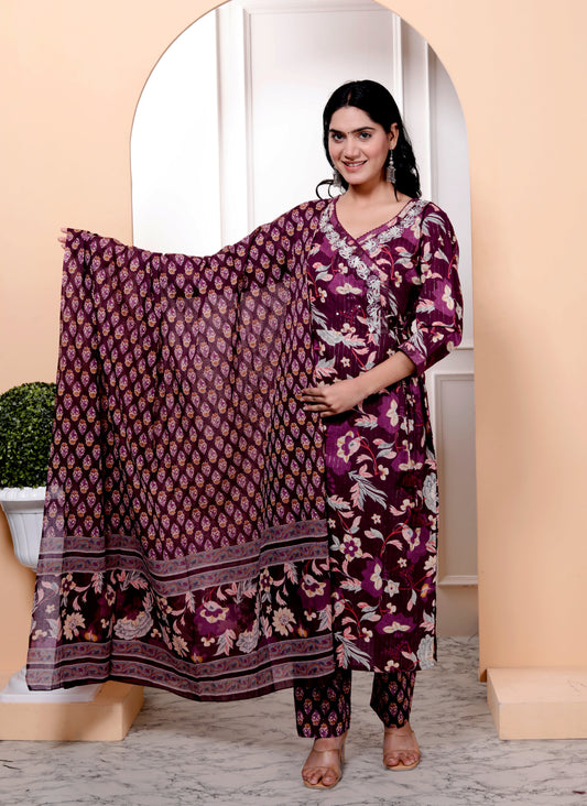 Purple Cotton Printed Kurta Pant Set Dupatta with Embroidery work -800094