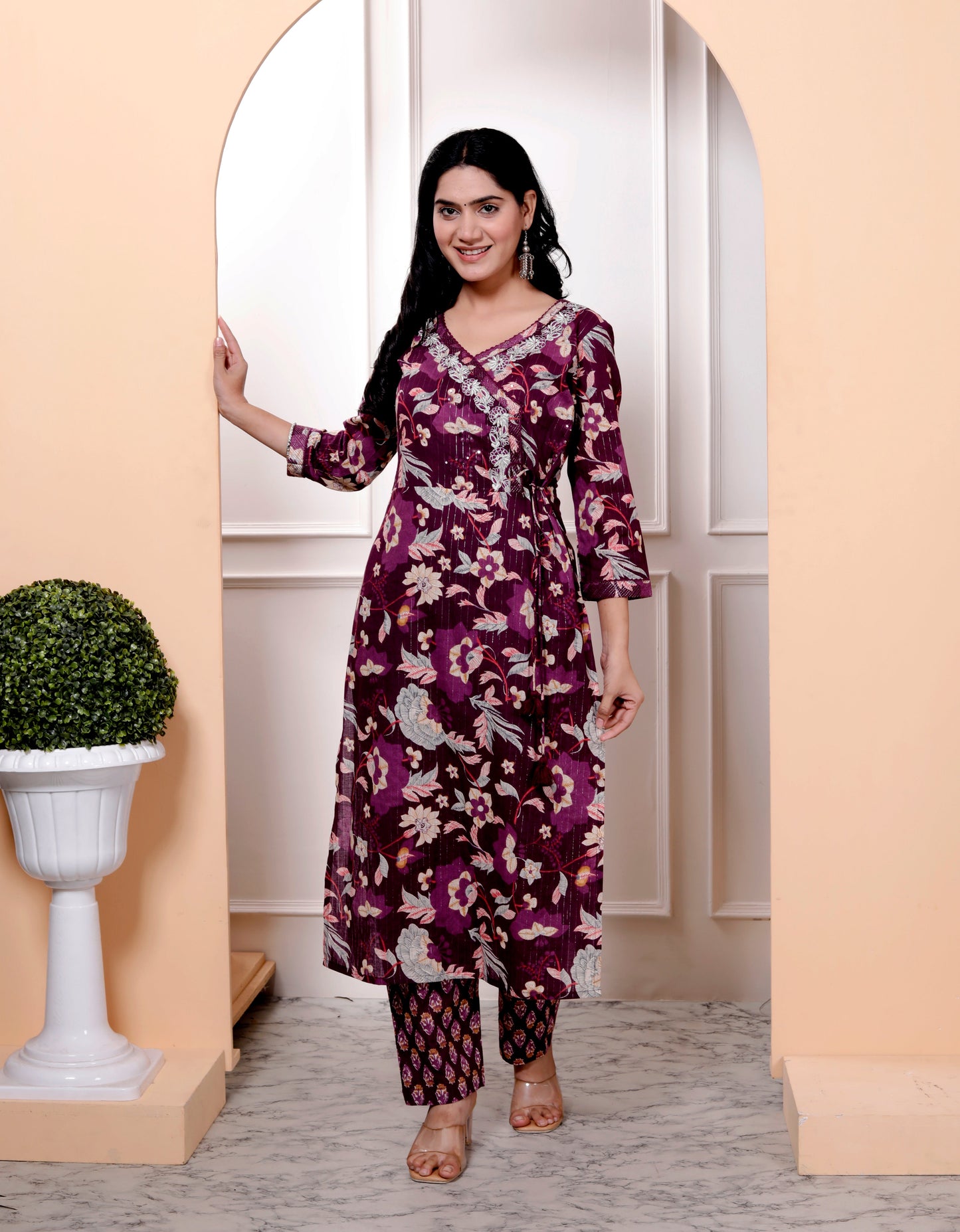Purple Cotton Printed Kurta Pant Set Dupatta with Embroidery work -800094