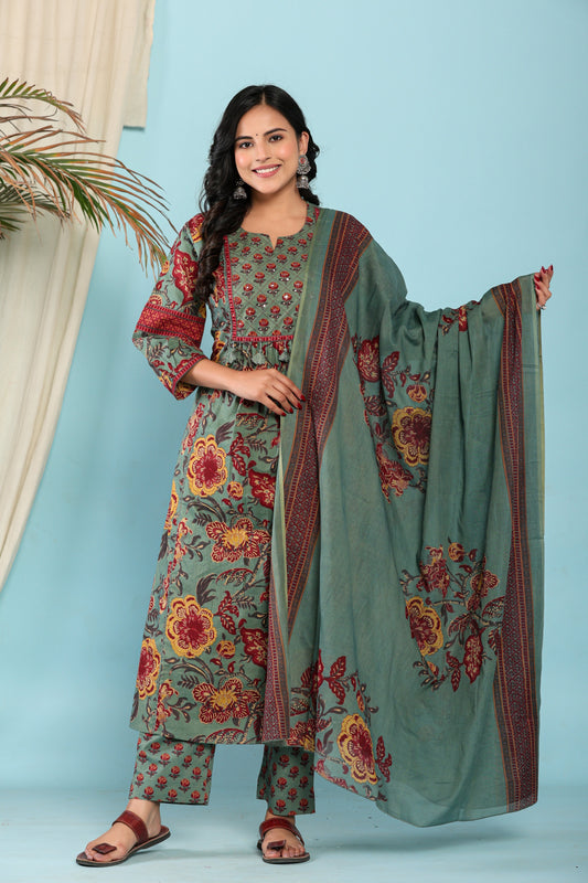 Green Cotton Printed Kurta Pant Set Dupatta with Embroidery work-800096