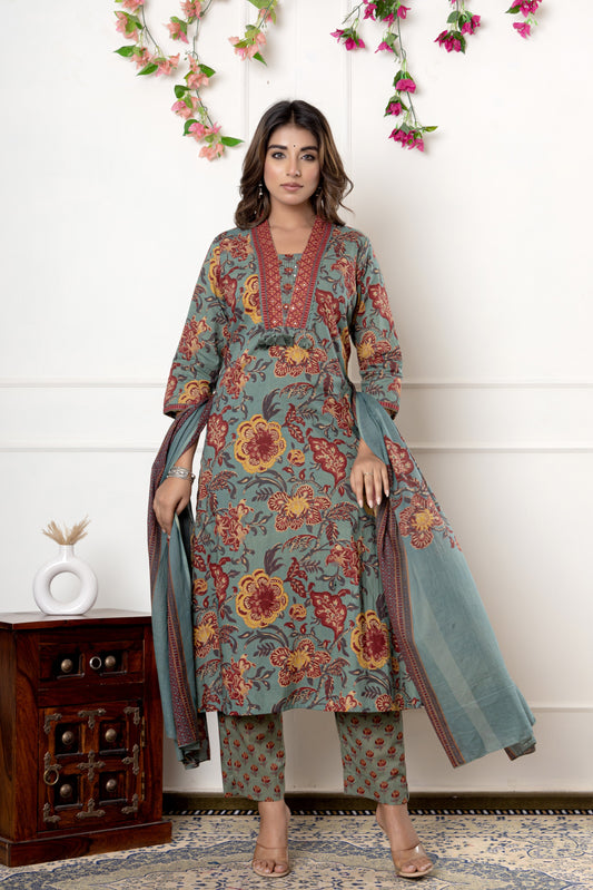 Green Cotton Printed Kurta Pant Set Dupatta with Embroidery work-800097