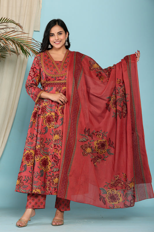 Onion Cotton Anarkali Kurta Pant Set With Dupatta-800098