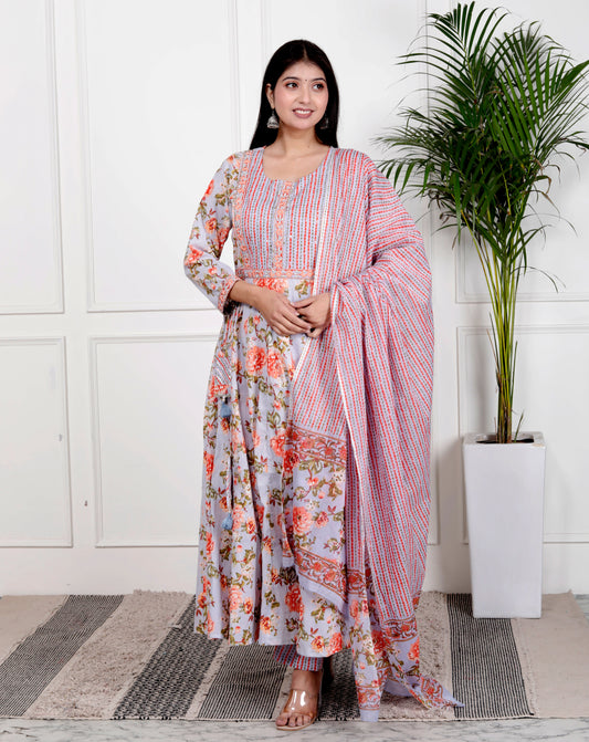 Sky Blue Cotton Anarkali Kurta Pant Set With Dupatta-800102