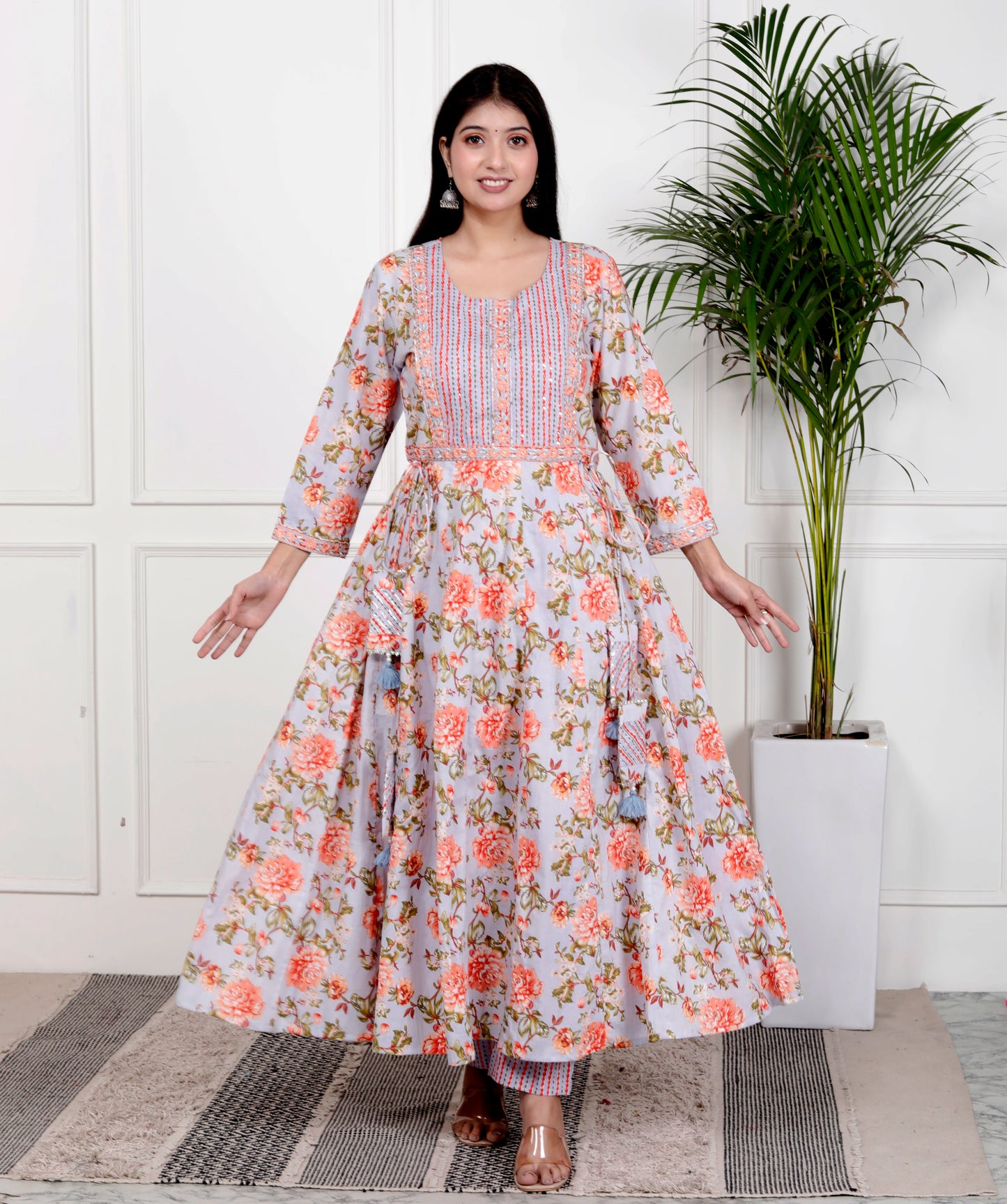 Sky Blue Cotton Anarkali Kurta Pant Set With Dupatta-800102