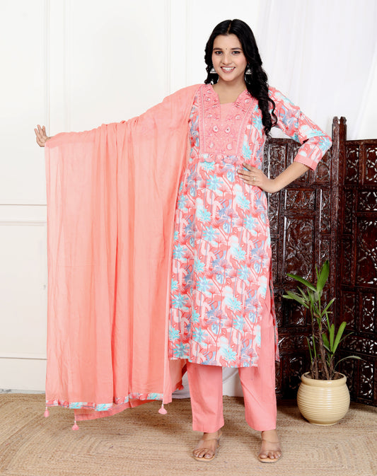 Pink Cotton Printed Kurta Pant Set Dupatta with Embroidery work -800109