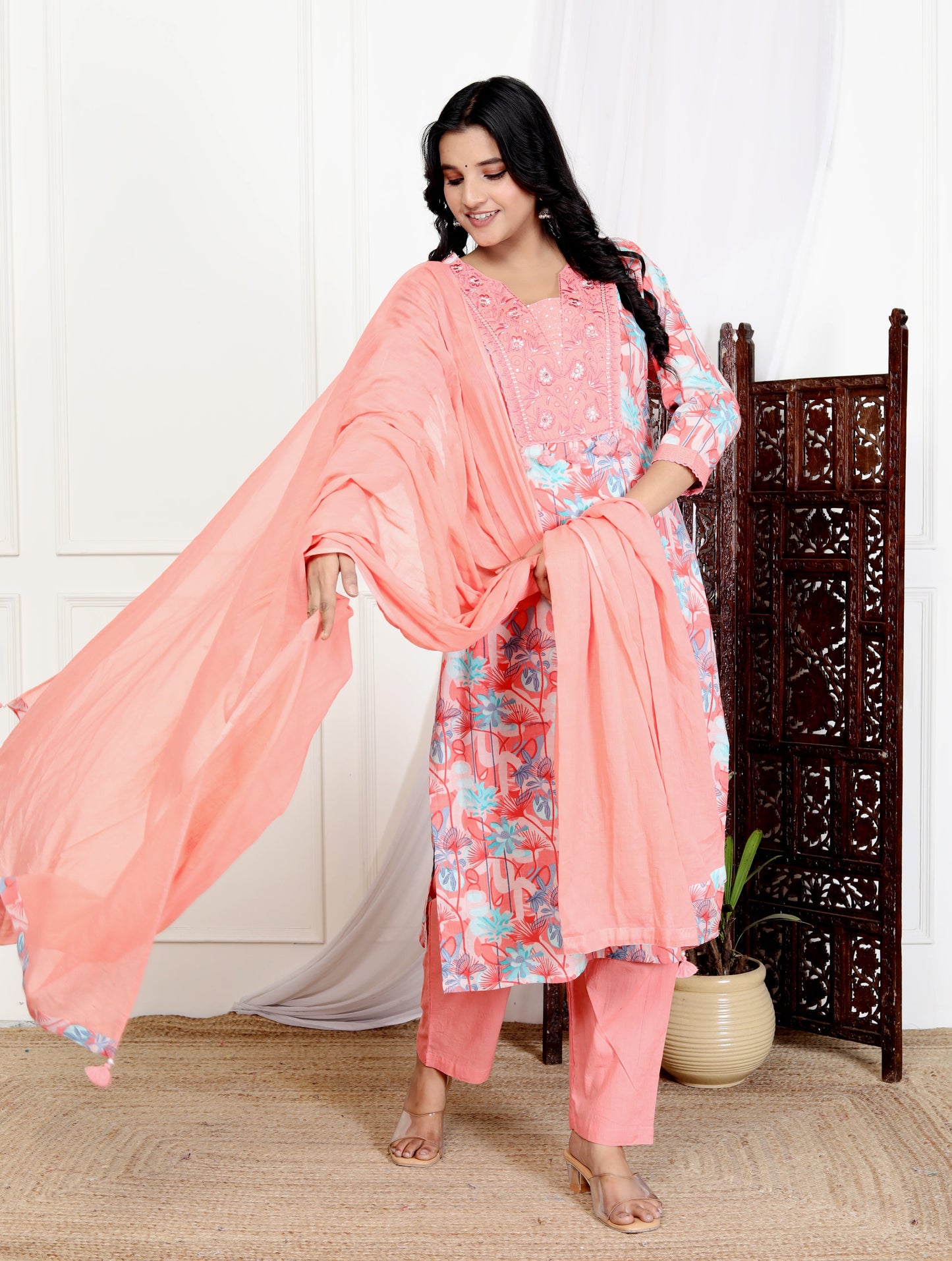 Pink Cotton Printed Kurta Pant Set Dupatta with Embroidery work -800109