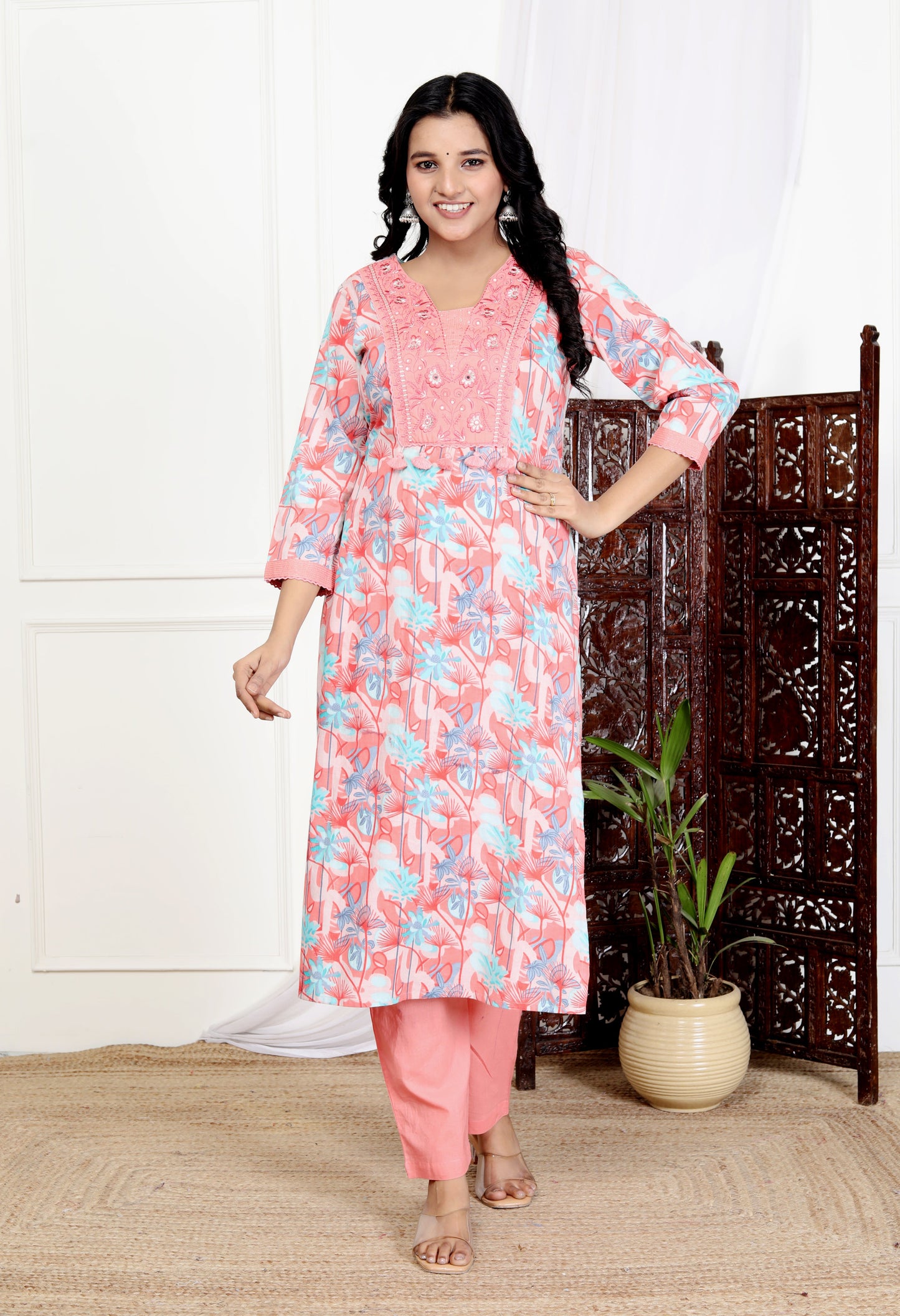 Pink Cotton Printed Kurta Pant Set Dupatta with Embroidery work -800109