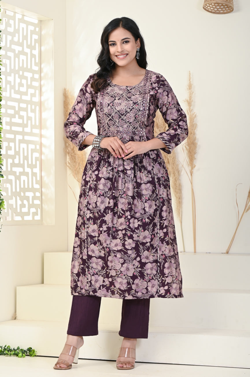 Purple Muslin Anarkali Kurta Pant Set-900003