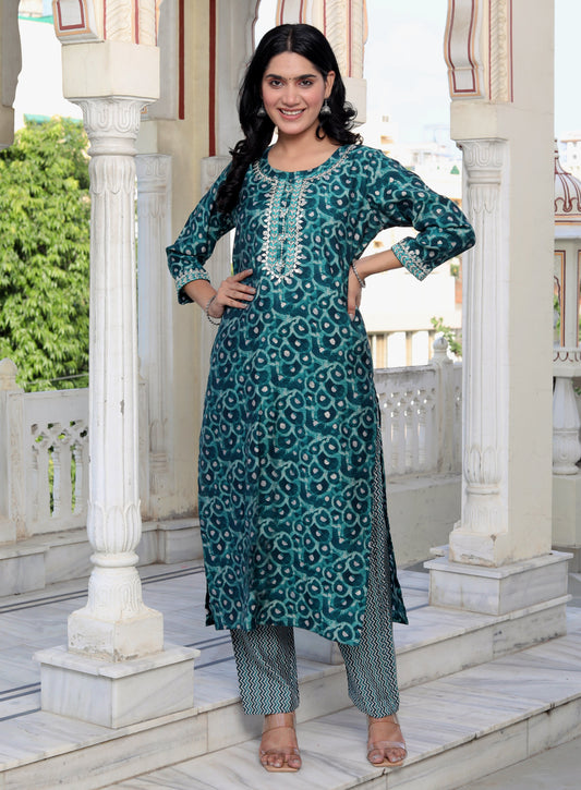Green Muslin Printed Kurta Pant Set With Embroidery Work -900051