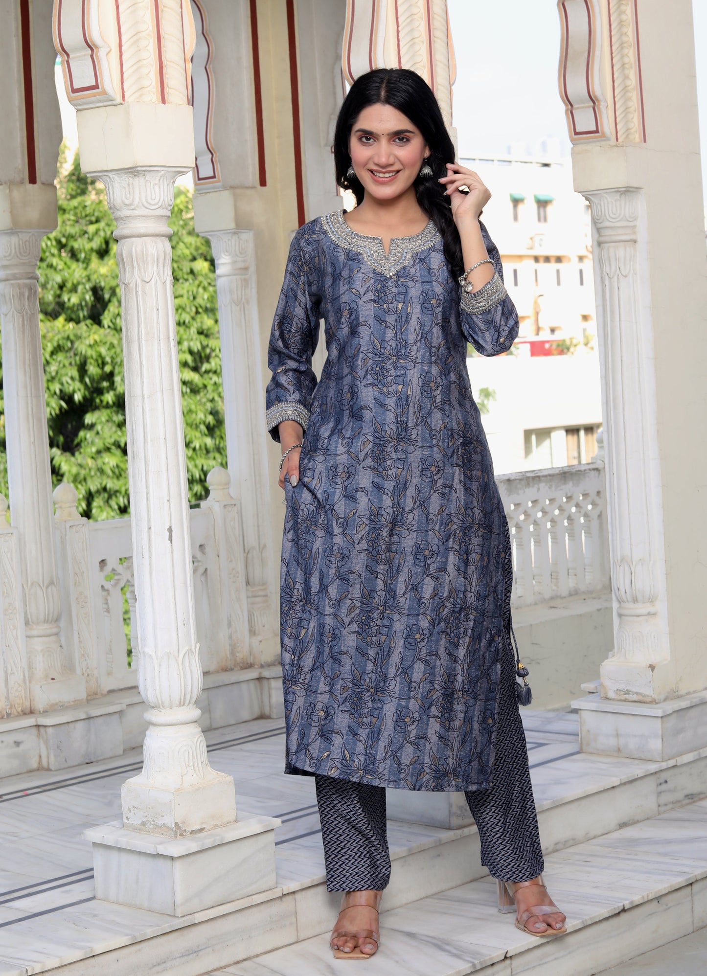 Blue Muslin Printed Kurta Pant Set With Embroidery Work -900052