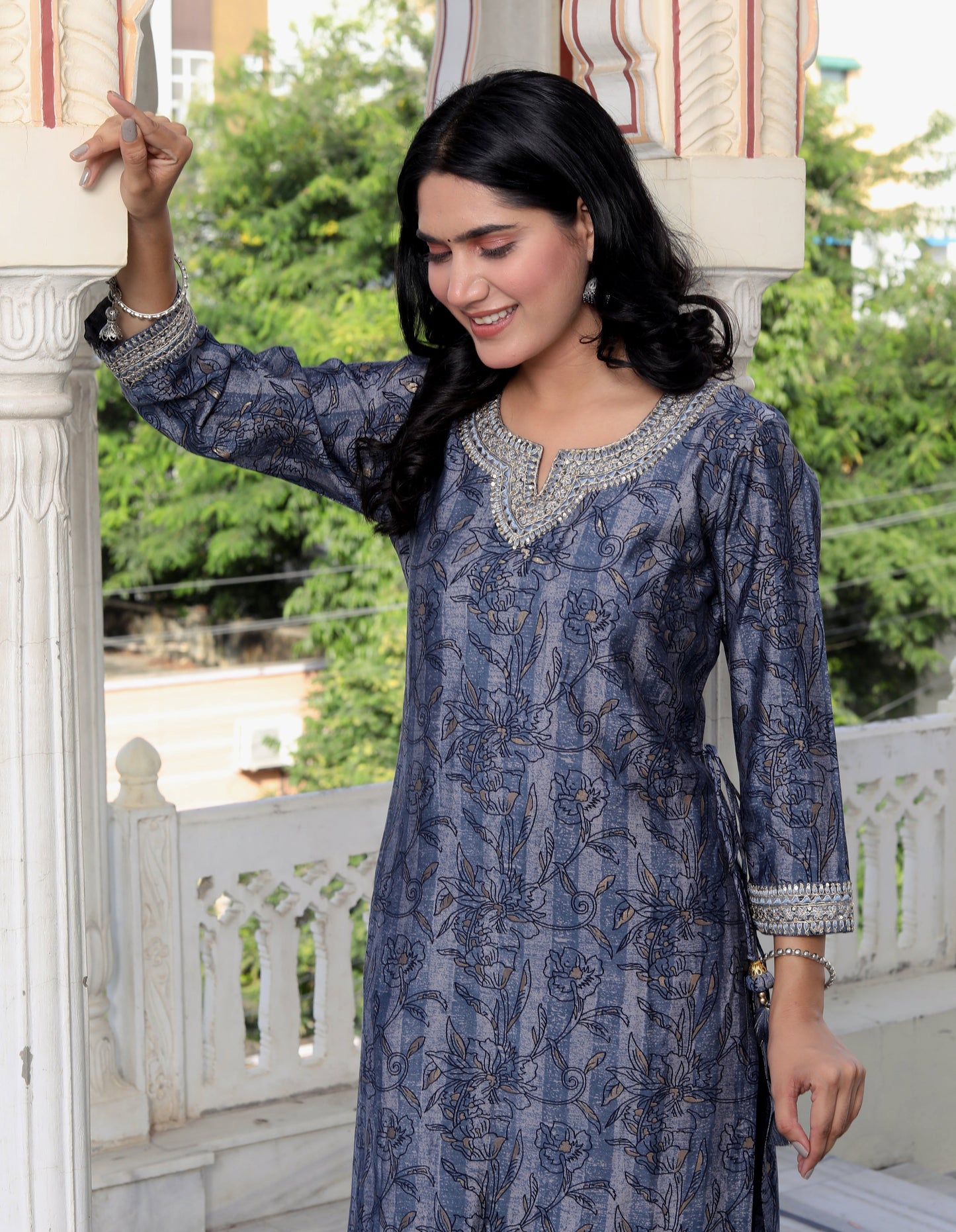 Blue Muslin Printed Kurta Pant Set With Embroidery Work -900052