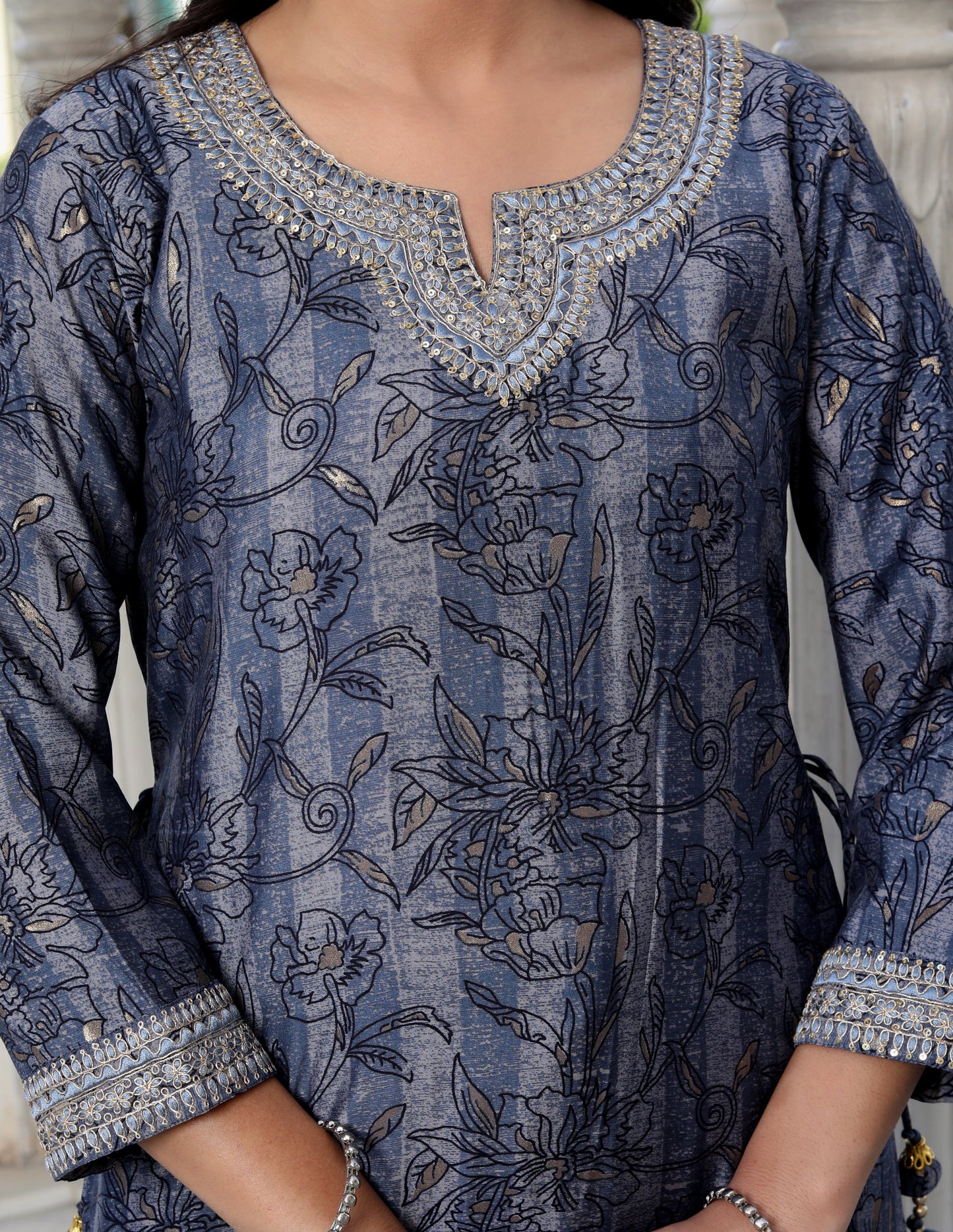 Blue Muslin Printed Kurta Pant Set With Embroidery Work -900052