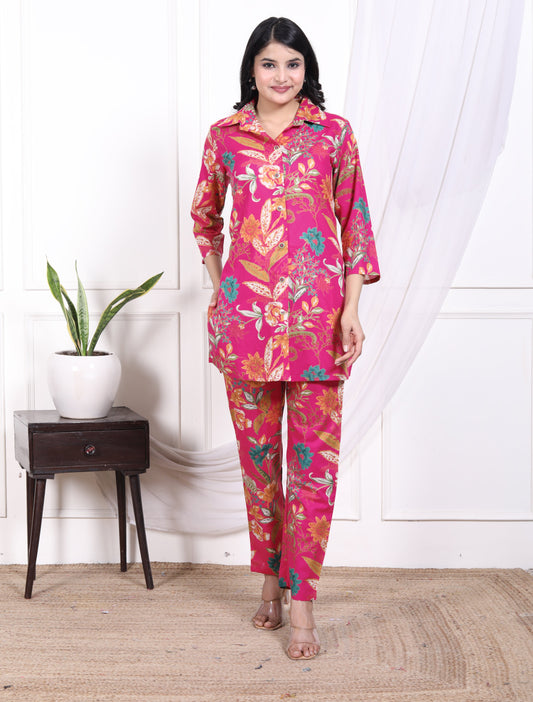 Regular Size Pink Cotton Floral Print Co-ord Set -AX-120017