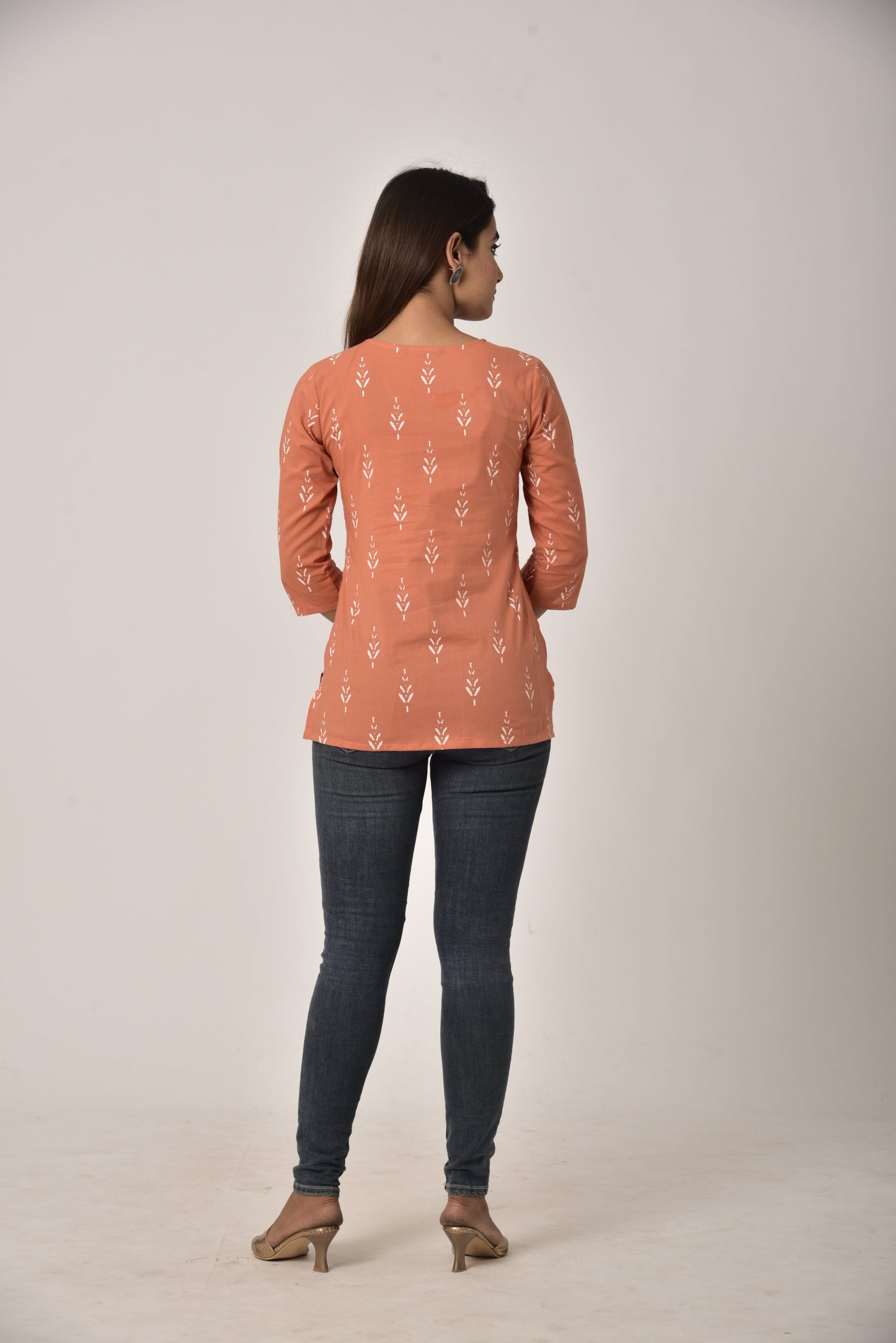 Peach Cotton Ikat Print Short Kurta-452